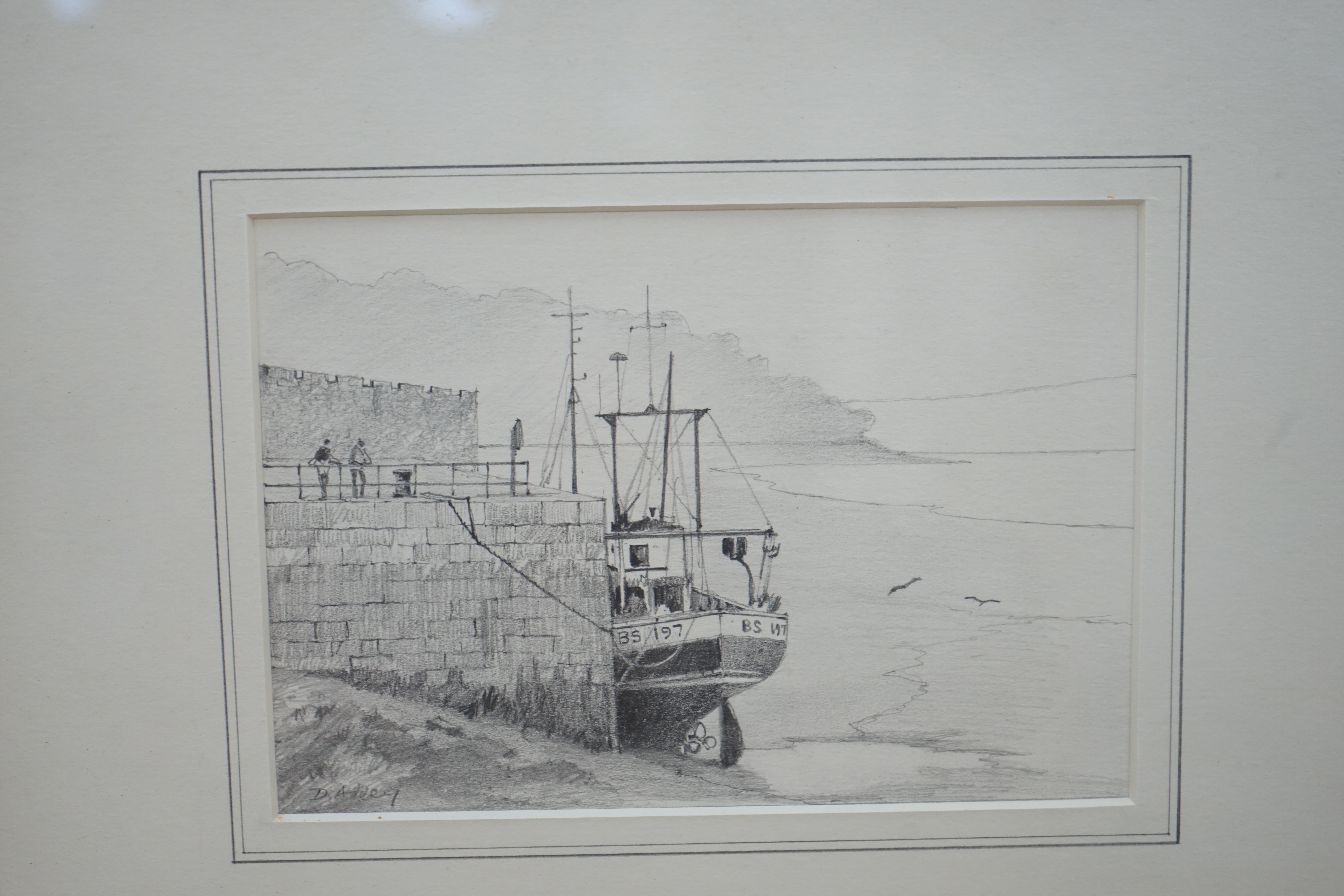 David Addey (b.1933), watercolour, View of a house, signed, together with a pair of pencil studies, Coastal views with fishing boats, largest 23 x 36cm. Condition - fair, some staining to the watercolour